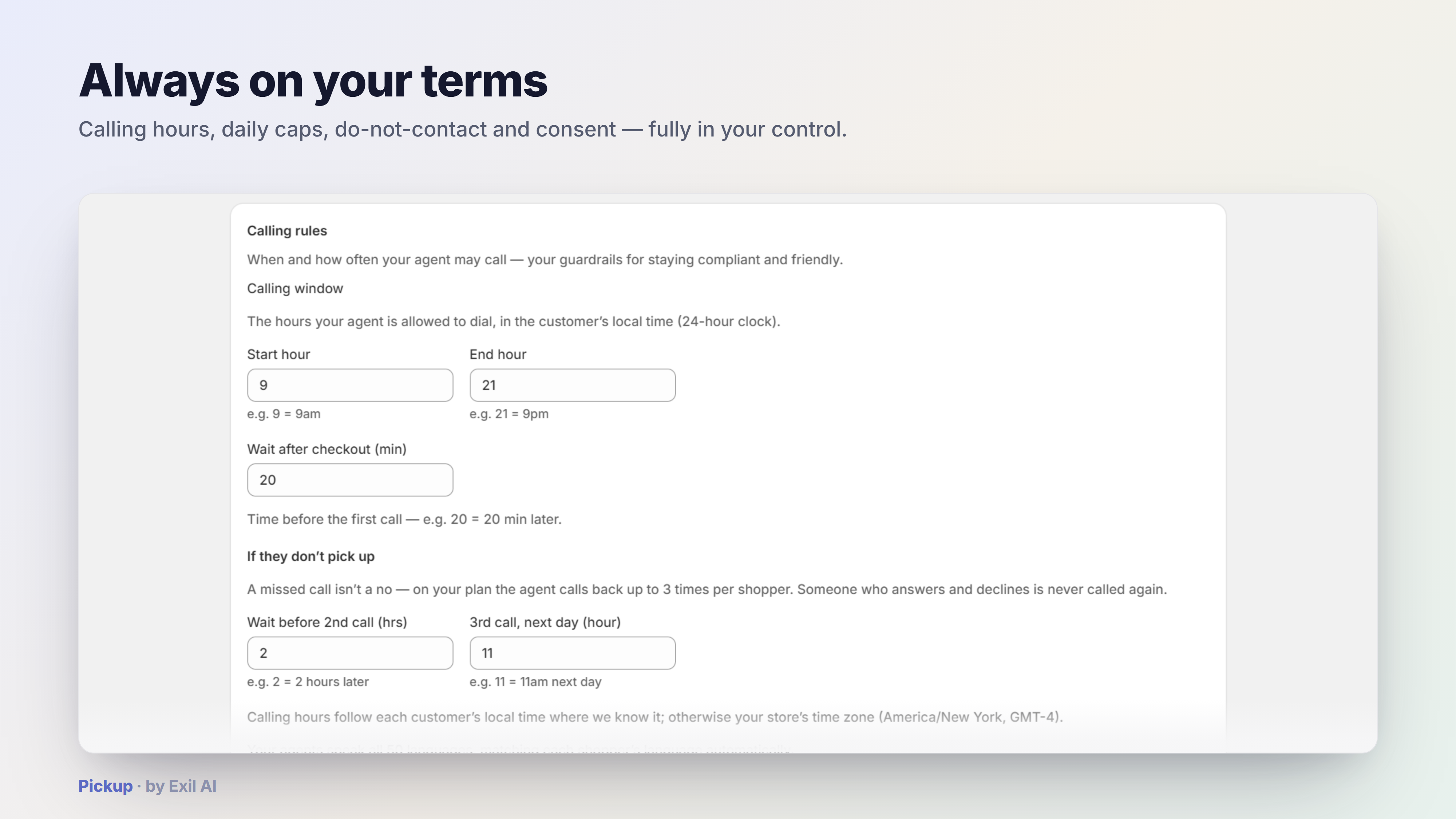 Pickup settings — calling hours, voicemail, discounts and do-not-contact
